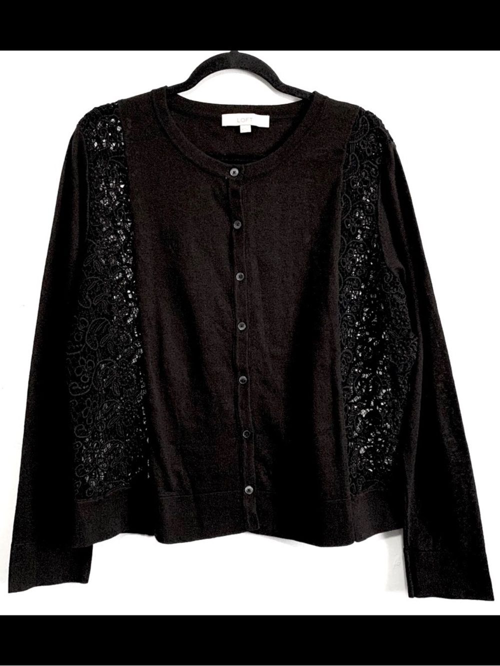 LOFT Black Knit Sheer Lace Inset Buttoned Front Card
